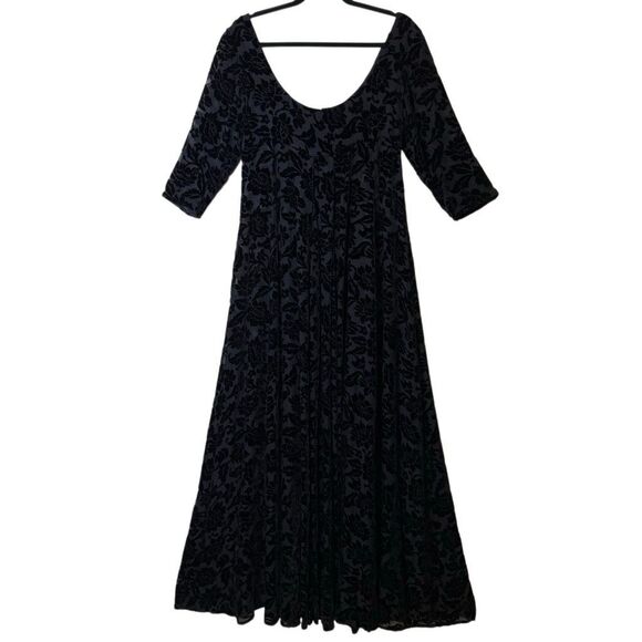 Black Velvet Burnout 3/4 Sleeve Empire Waist Maxi Dress Sz S Goth, Whimsygoth - Picture 1 of 10